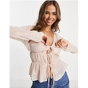 ASOS Pale Antique Pink Sheer Tie Front Floral Embroidered Peplum Waist Top 10